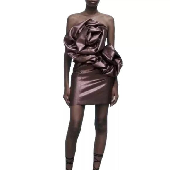 Zara Metallic Brown Voluminous Flower Strapless Party Mini Dress Size XS - Picture 1 of 9